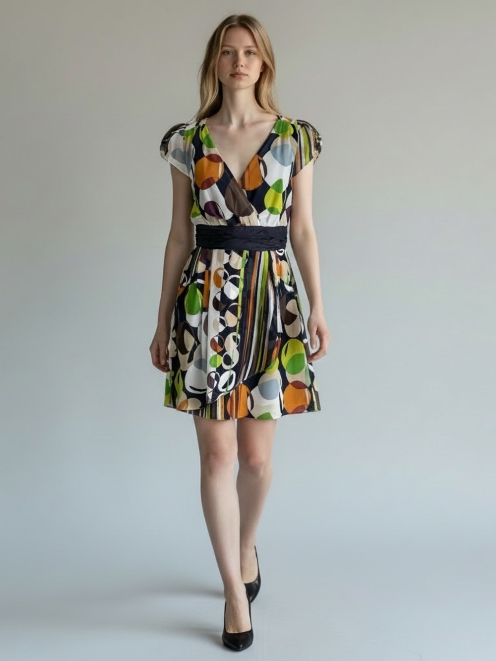 ANTHROPOLOGIE MOULINETTE SOEURS Navy Geometric Faux Wrap Mini Dress V Neck 6P 6